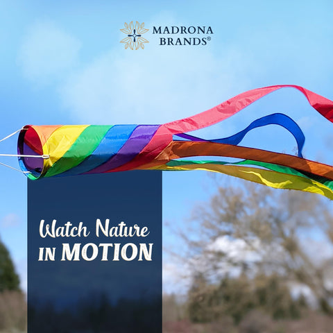 Madrona Brands Rainbow Stripe Windsock adds bold diagonal rainbow color to festive yard decor