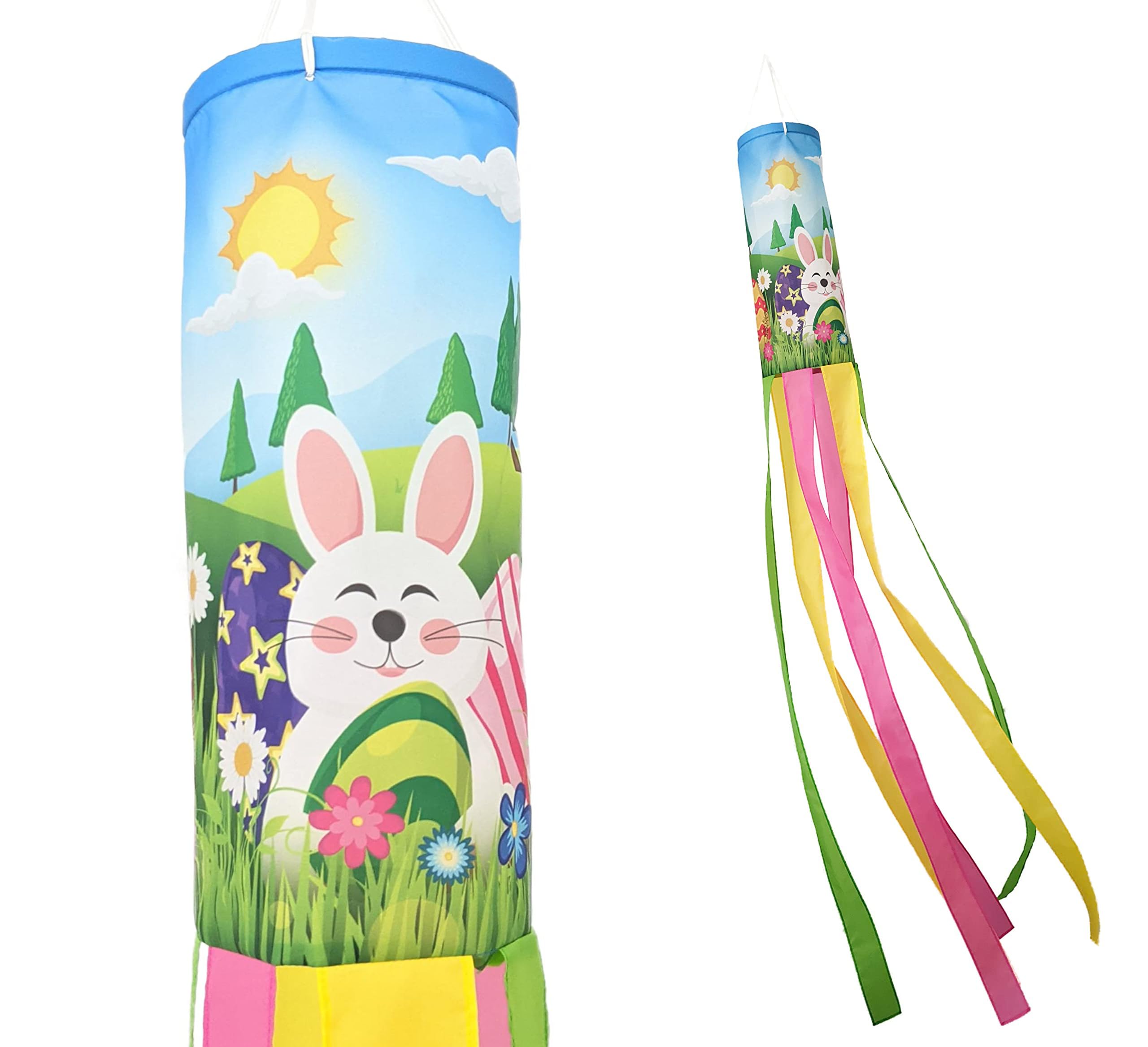 Madrona Brands Spring Easter Bunny Windsock on porch adds festive color and motion.