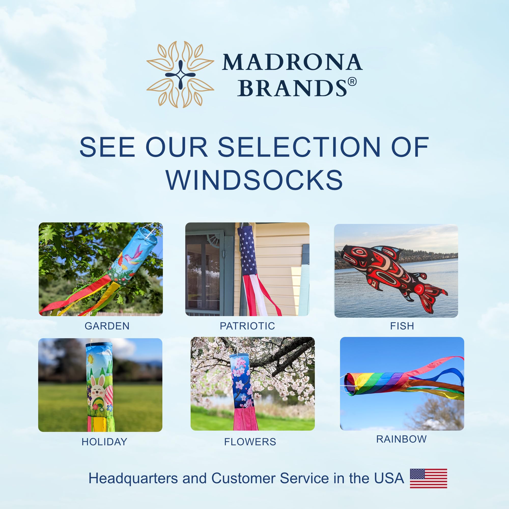 Madrona Brands Sunflower Windsock Outdoor Display catches breeze for dynamic yard motion.