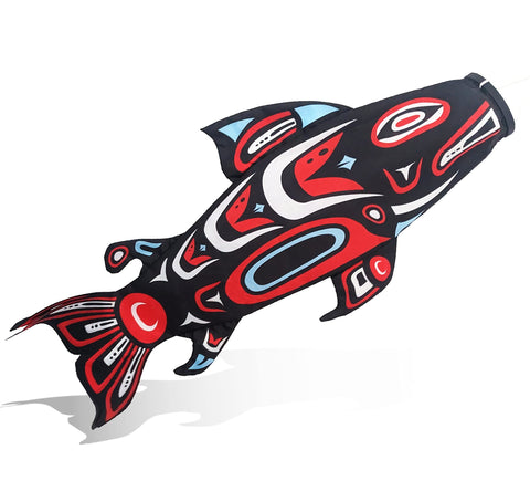 Madrona Brands Totem Salmon Windsock outdoors, 40-inch length for eye-catching motion.