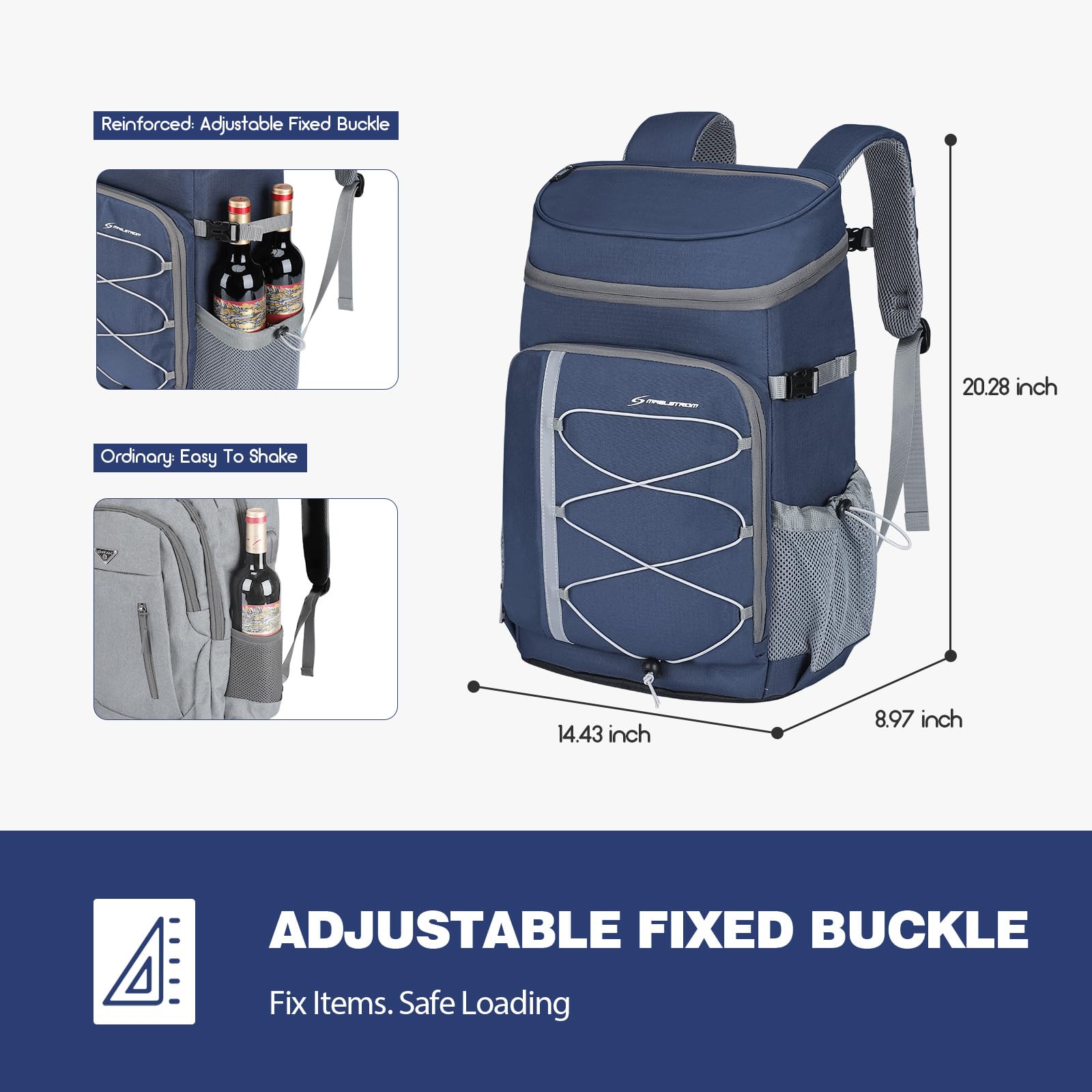 Maelstrom Backpack strap features stainless steel bottle opener for easy access.