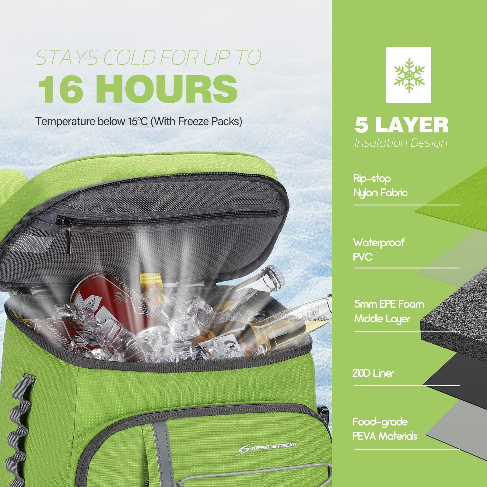 Maelstrom cooler backpack front zip pocket keeps electronics organized.