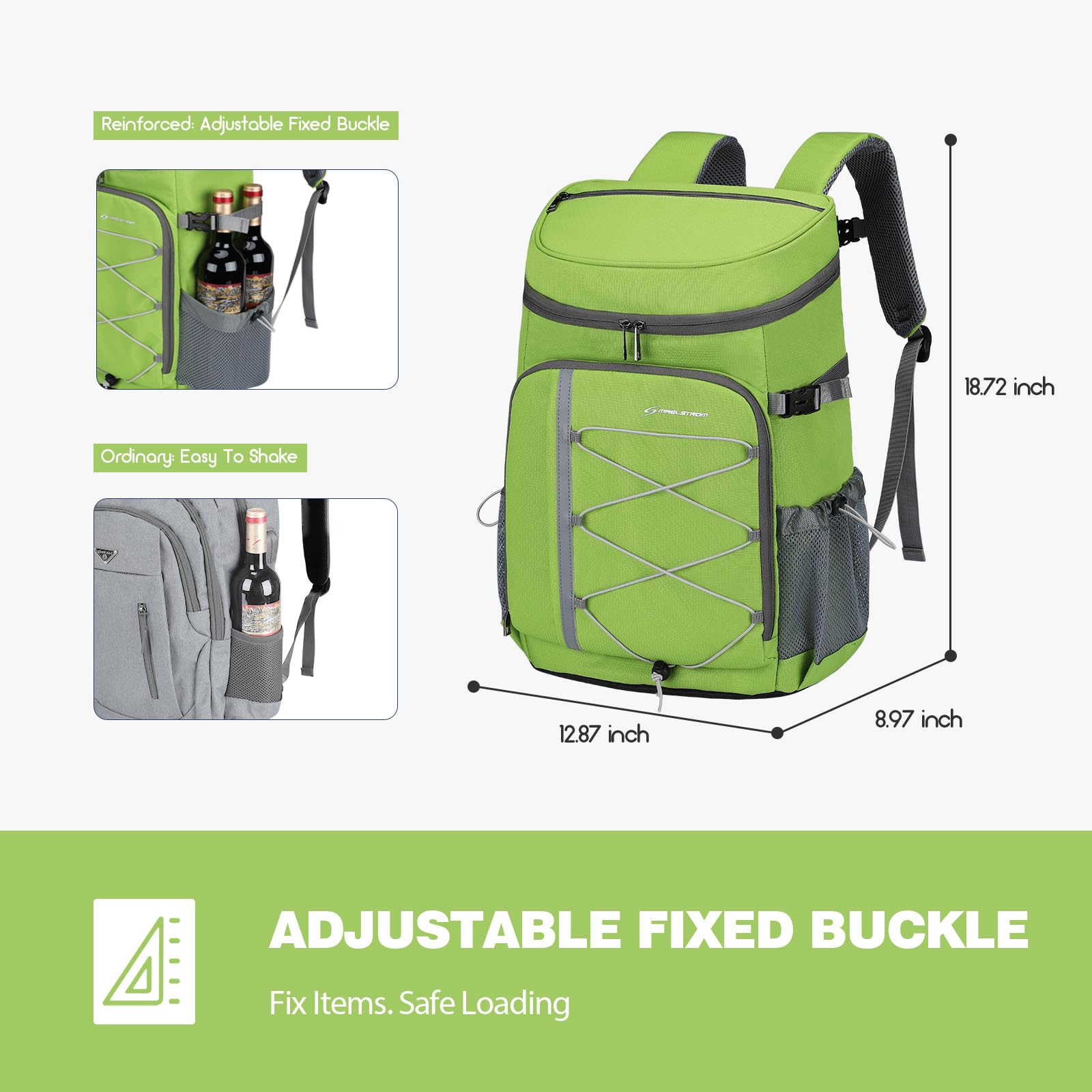 Maelstrom cooler backpack mesh side pocket holds water bottles securely.