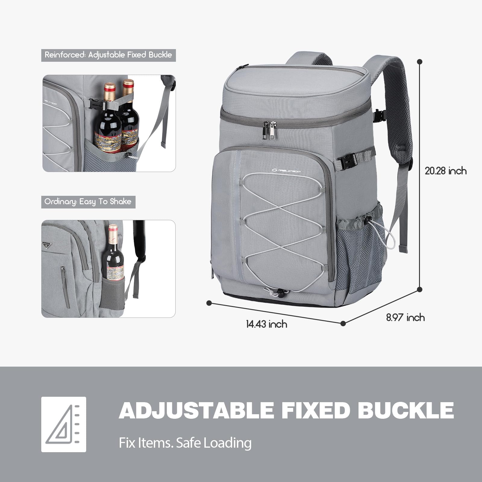 Maelstrom mesh side pockets hold water bottles with adjustable straps.