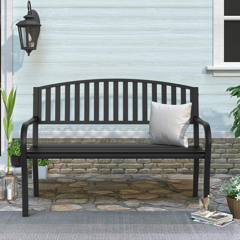 Maemttes garden bench side view; compact setup fits small patios