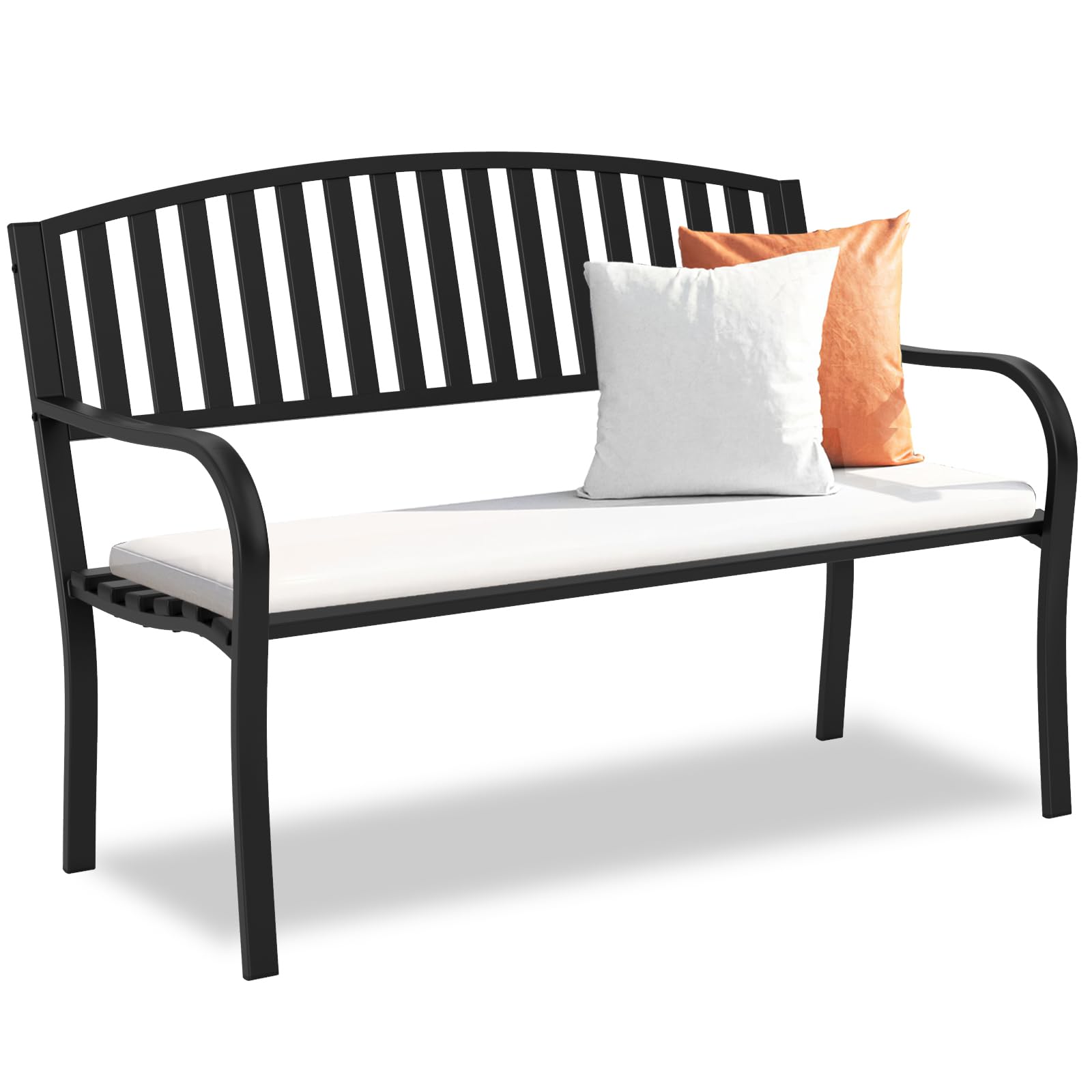 Maemttes outdoor bench on front porch; sturdy seating for social moments