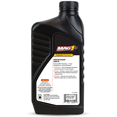 Mag 1 60694 pump oil label close-up showing rust and oxidation protection.