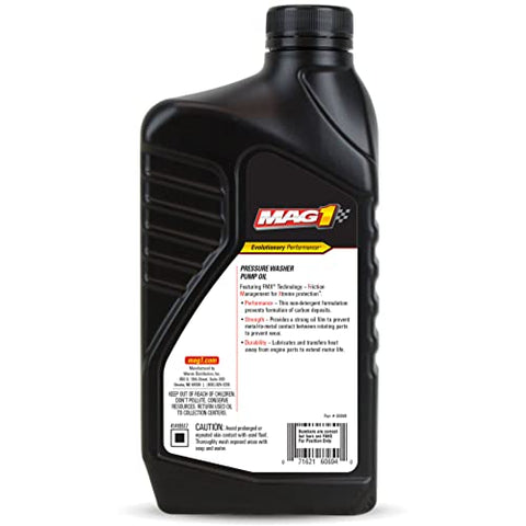 Mag 1 60694 pump oil label close-up showing rust and oxidation protection.