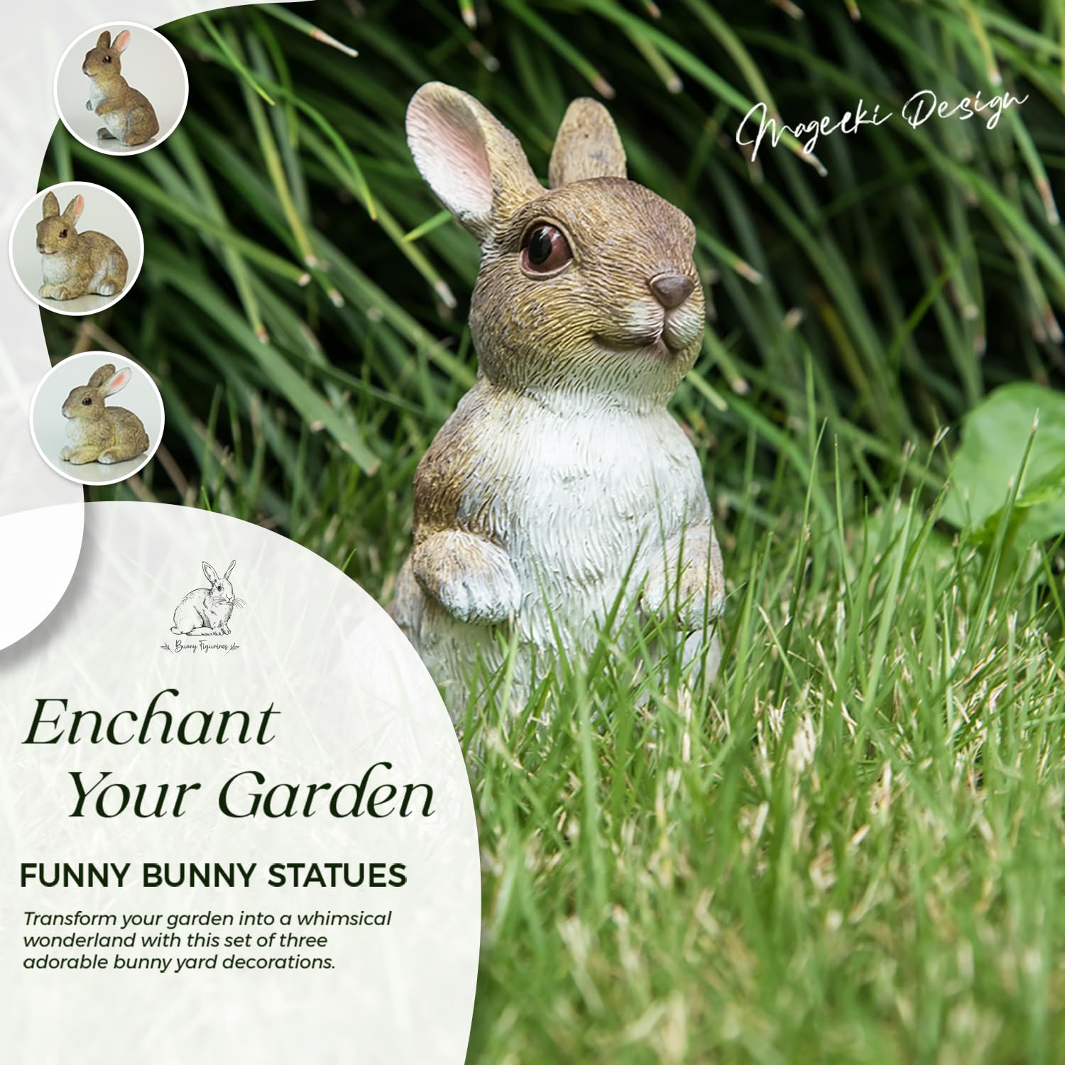 Mageeki hand-painted bunny statues with lifelike eyes and fur detail.