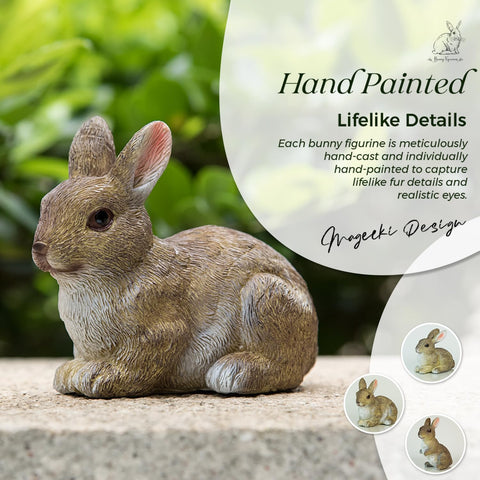 Mageeki resin bunny figurines showcasing detailed eyes and fur texture.