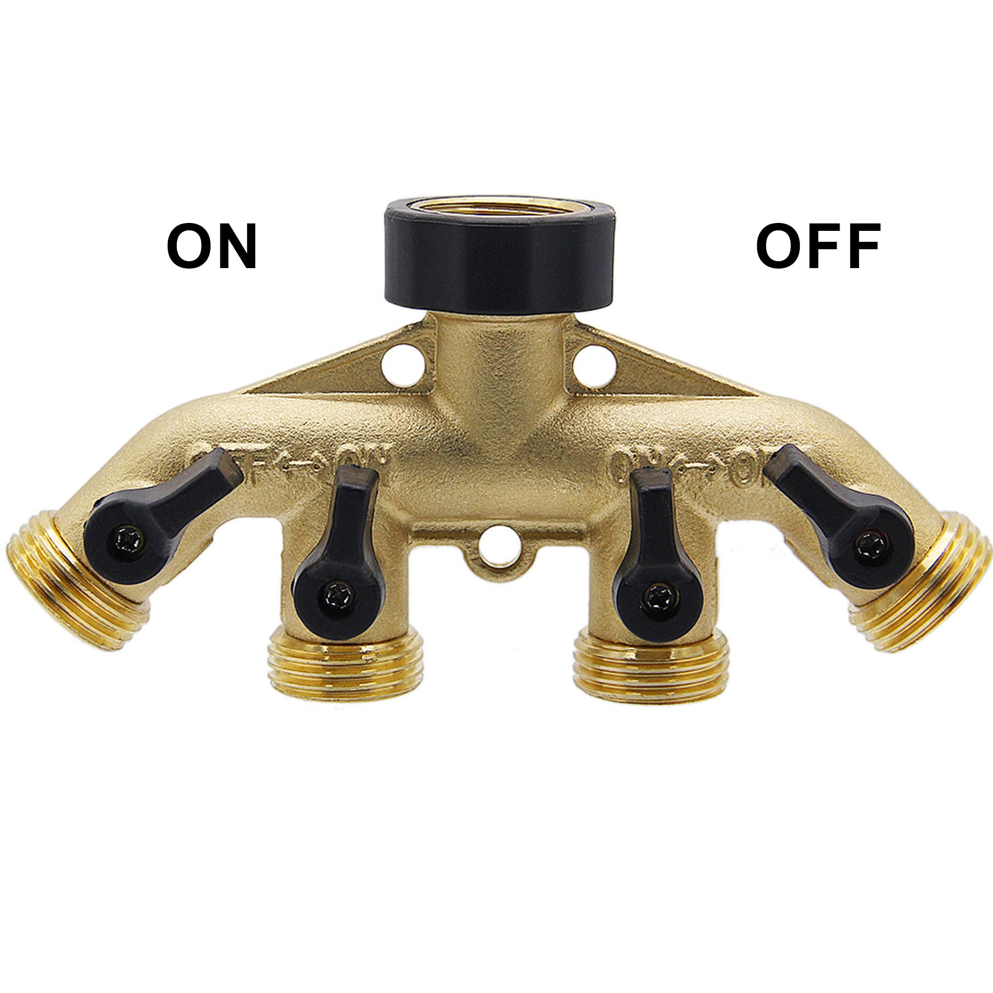 Installed MAGGIFT ATDAWN four-port splitter on a garden faucet shows hose compatibility