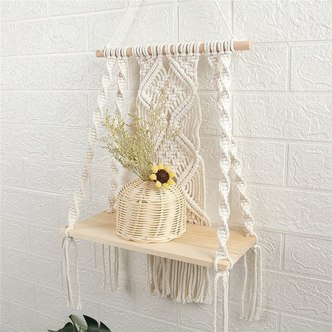 Maghat macrame shelf holds books or photos with rustic charm