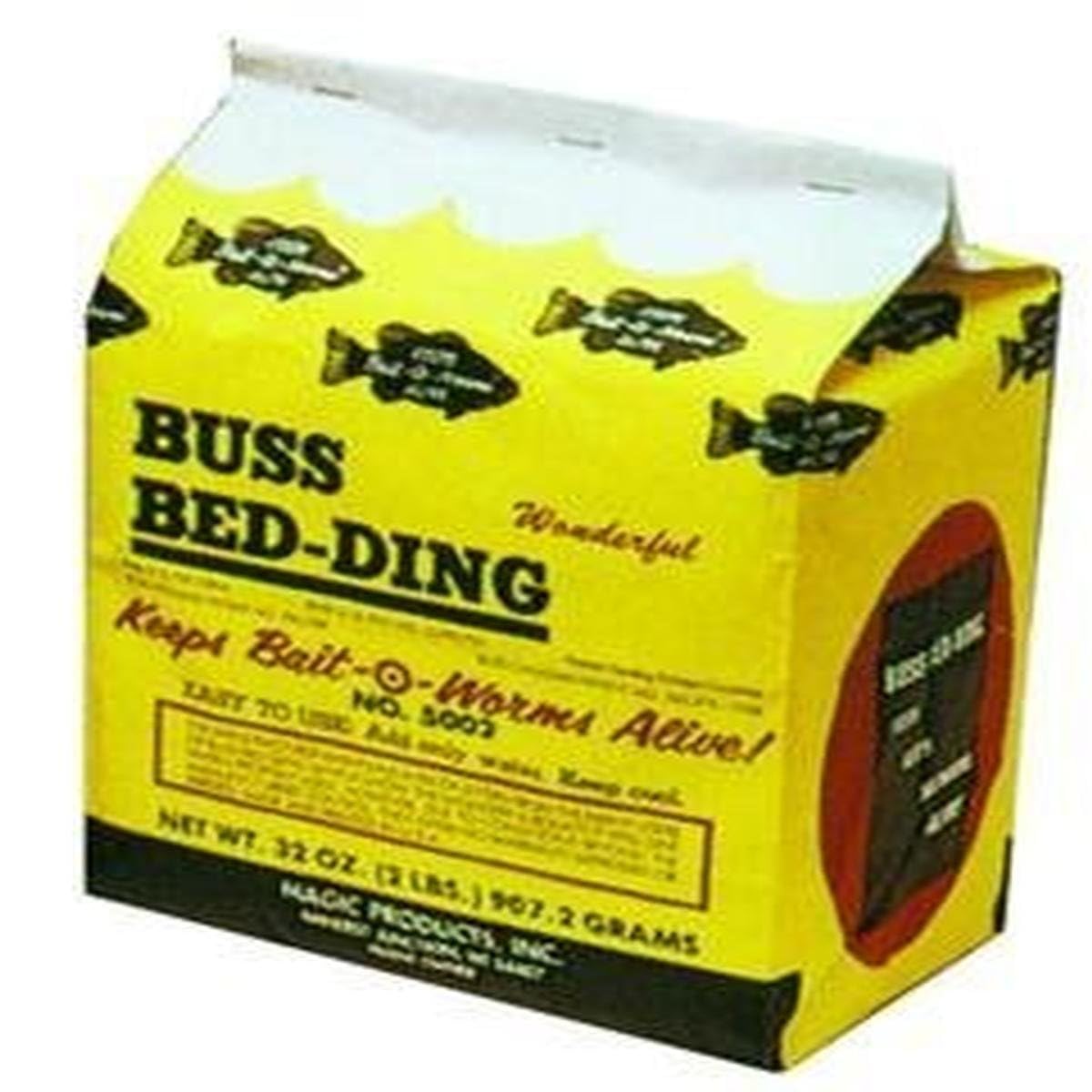 Magic Bait Buss Bedding Bag with yellow packaging demonstrating moisture retention for worms on the hook