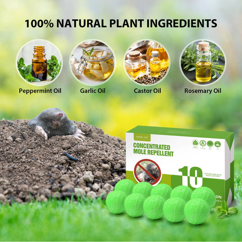 Closeup of Magic Cat mole deterrent ball highlighting natural extracts and non-toxic design.