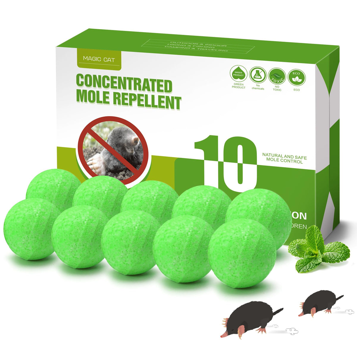 Magic Cat mole deterrent packaging showing a 10-ball pack for outdoor use.