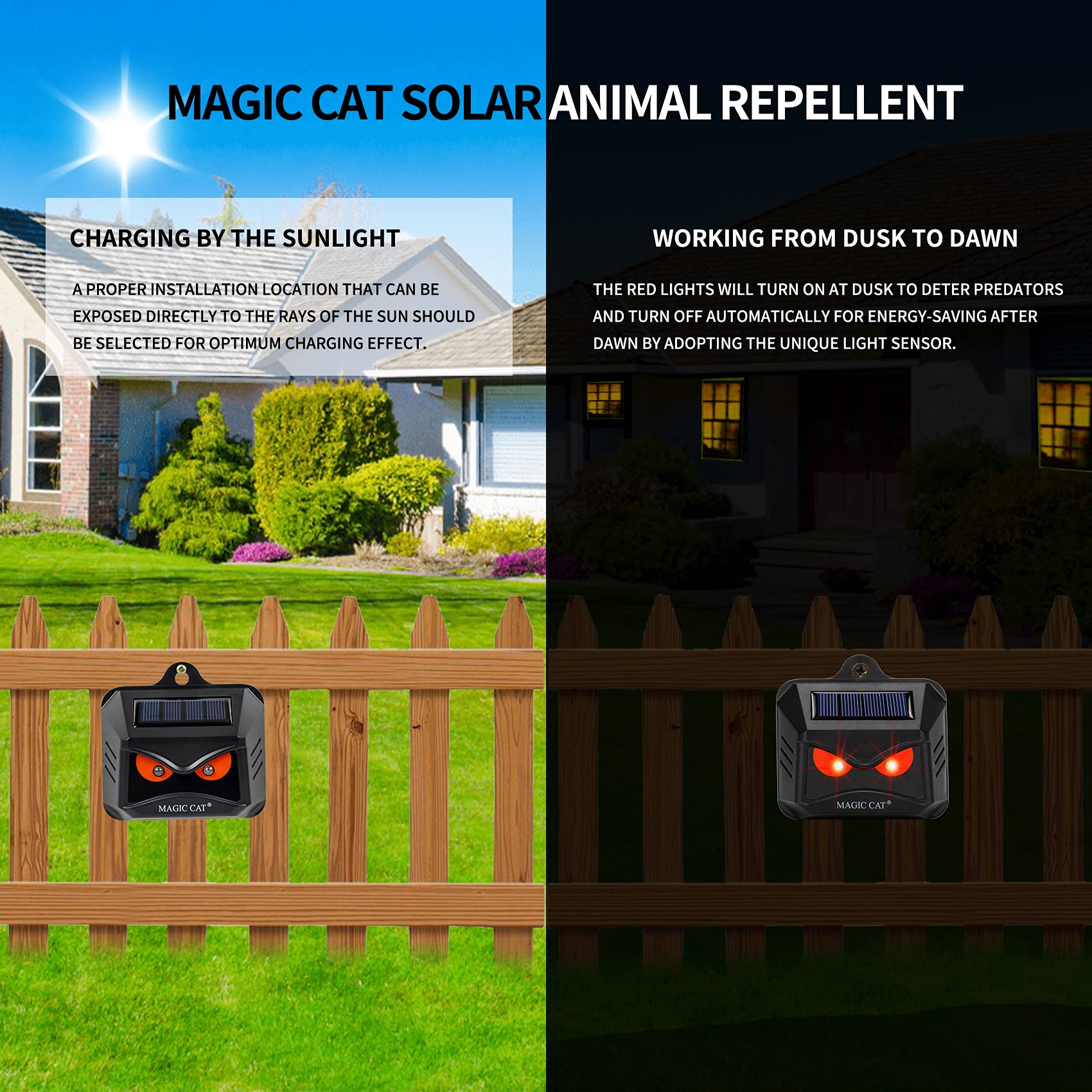 MAGIC CAT solar animal repeller mounted on a post provides yard-wide protection.