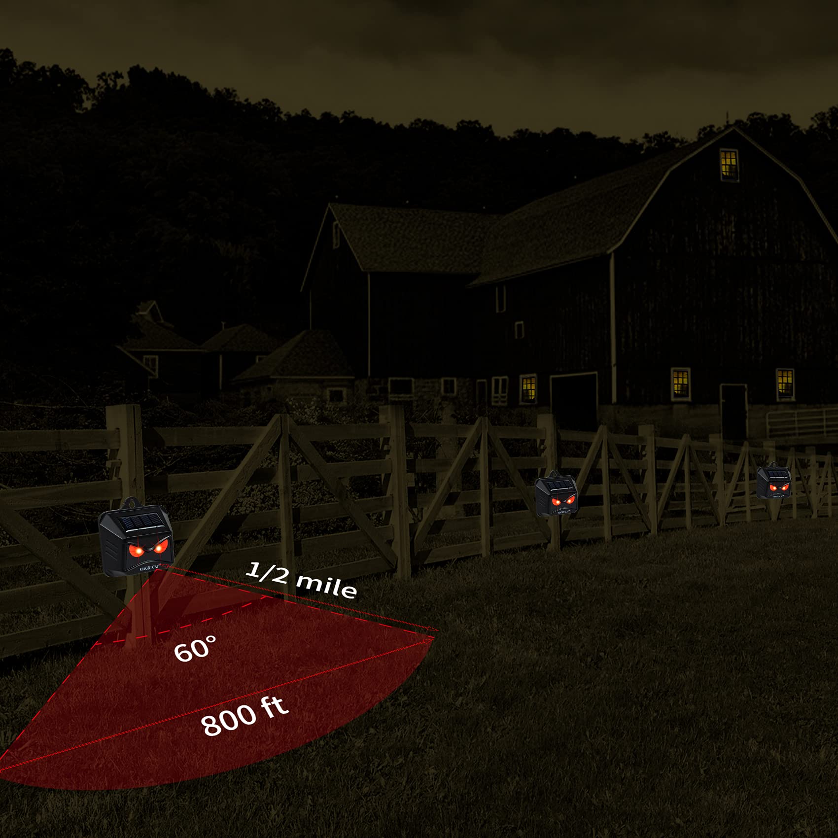 MAGIC CAT solar animal repeller red LED flash creates flame-like alert to deter pests.