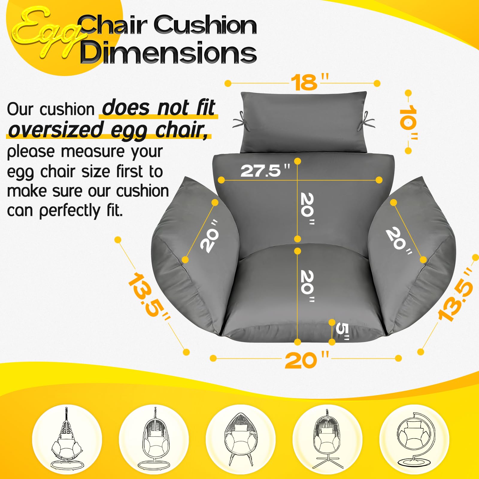 MAGIC ELEPHANT egg chair cushion gray side view shows plush support and durable fabric
