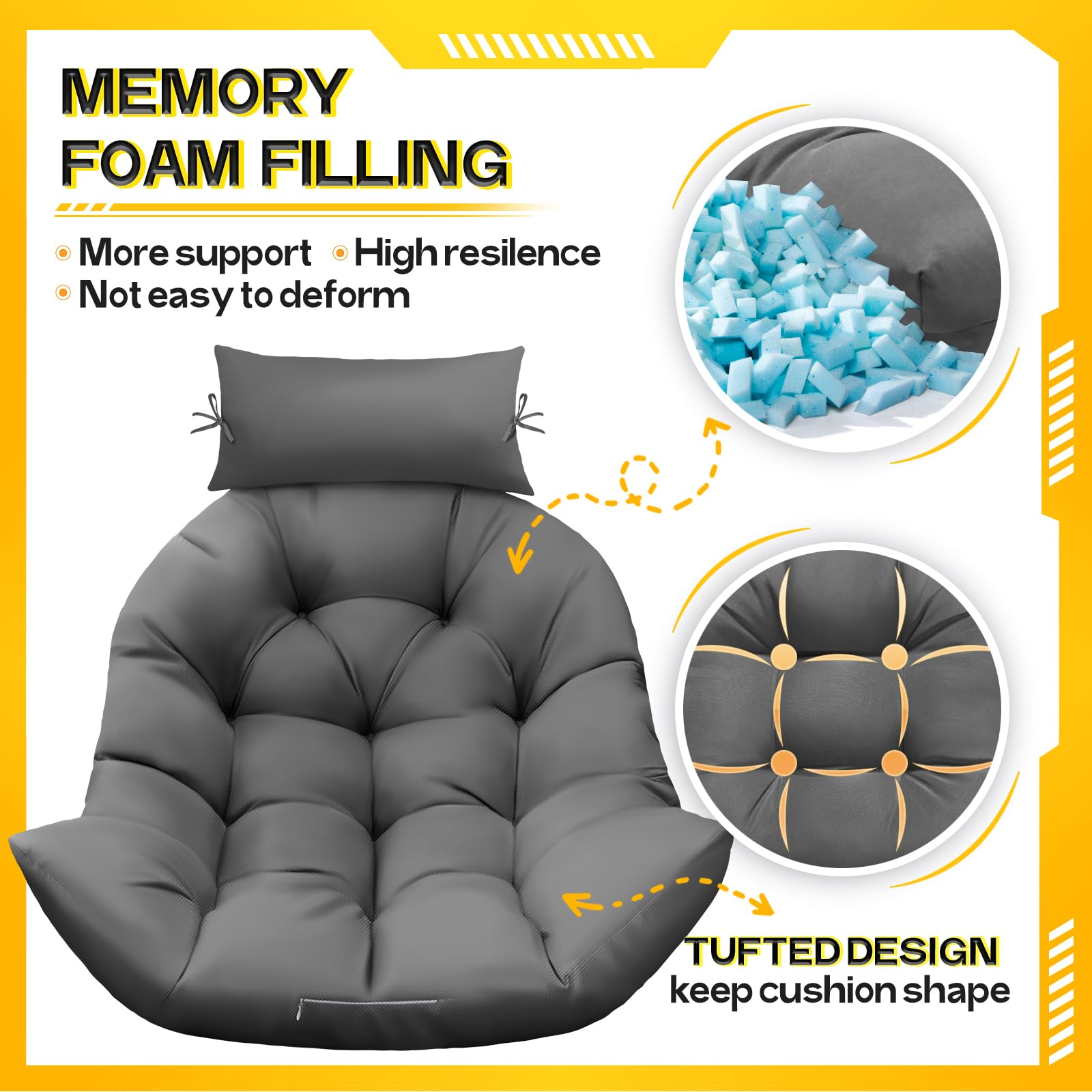 Magic Elephant hanging egg chair grey cushion enhances outdoor comfort.