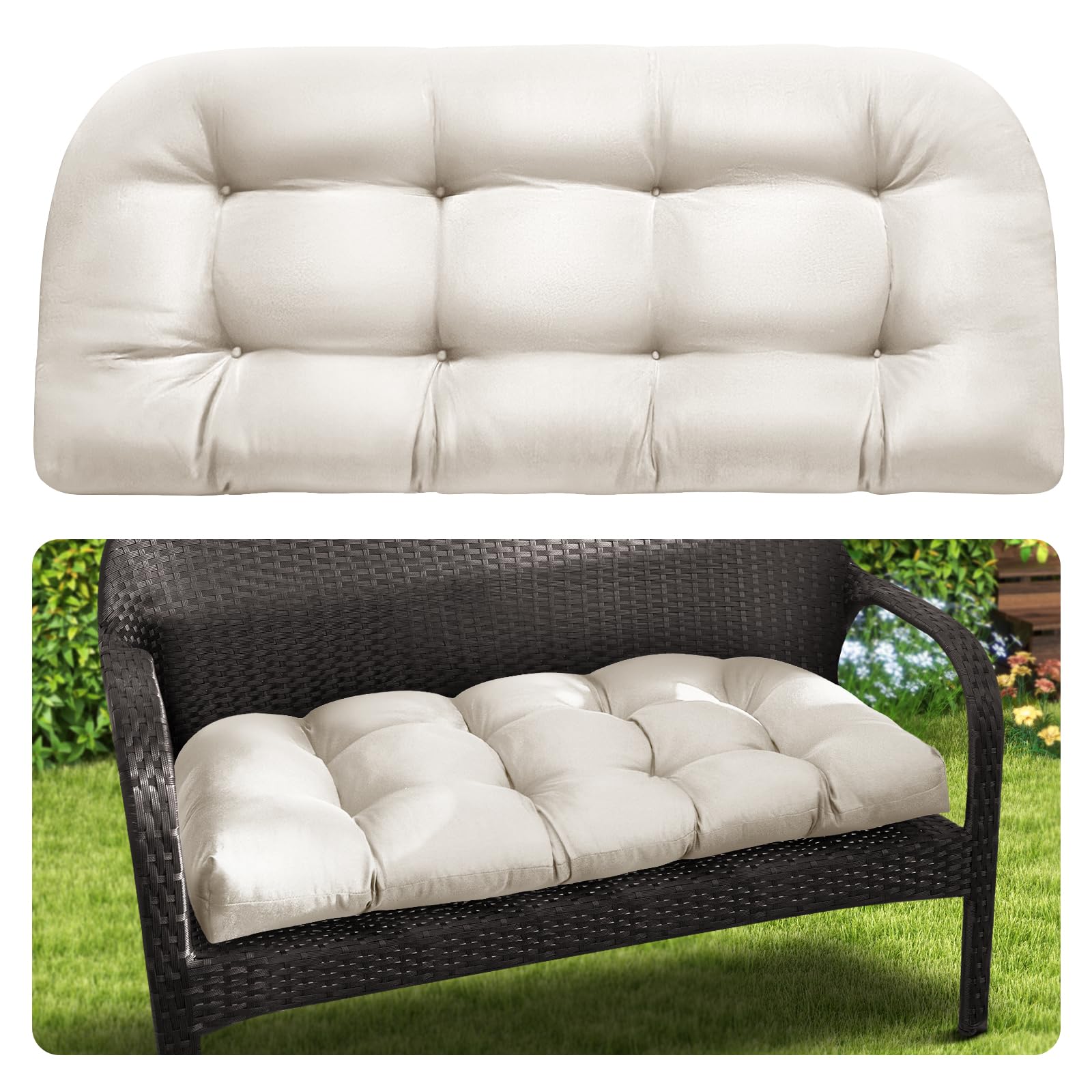 Magic Elephant outdoor bench cushion in antique white, full view for 44x19 seating