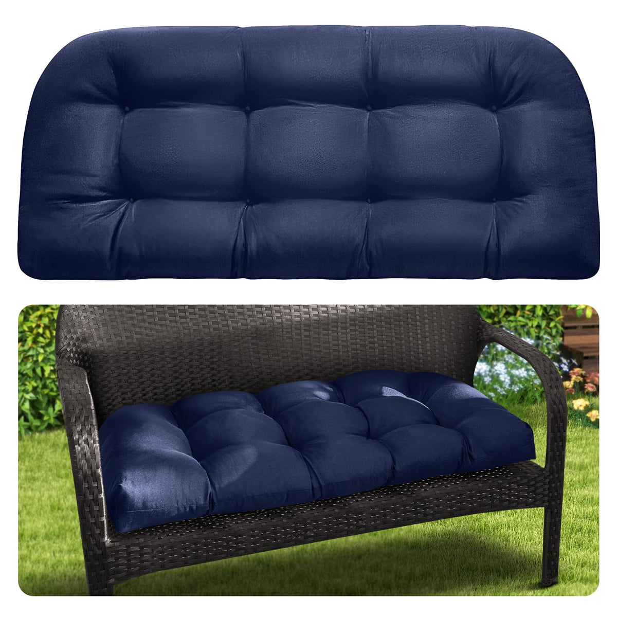 Magic Elephant outdoor bench cushion in blue provides plush support for porch seating.