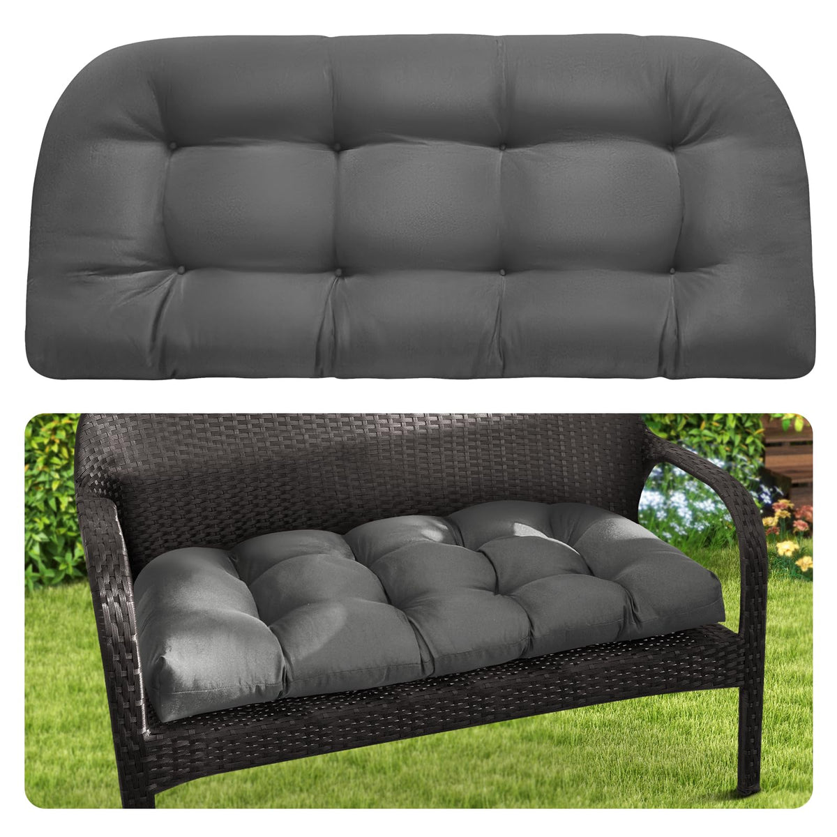 Magic Elephant outdoor bench cushion memory foam close-up shows supportive fill for comfort.