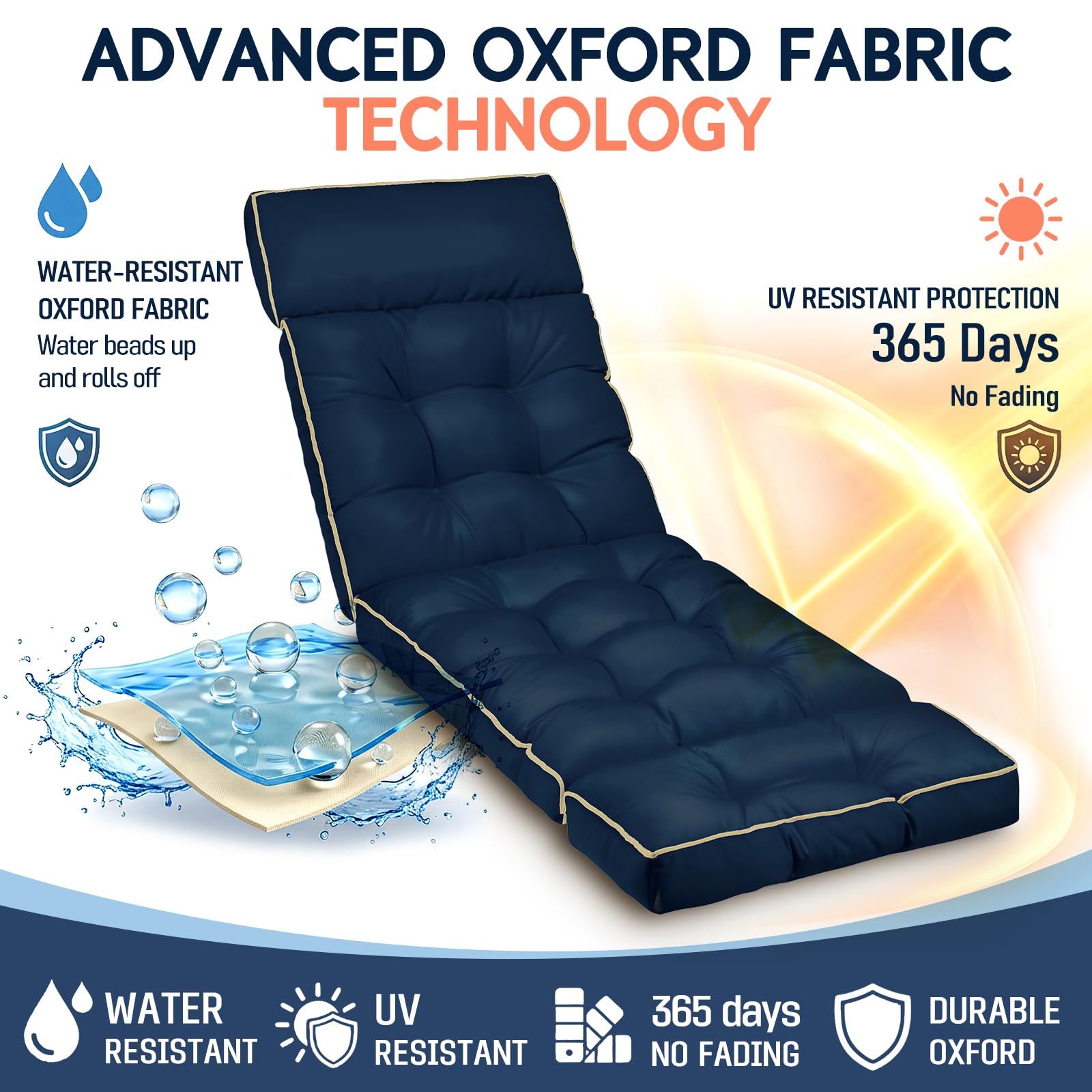 Large 74x22 inch cushion fits various chaise loungers for outdoor style.
