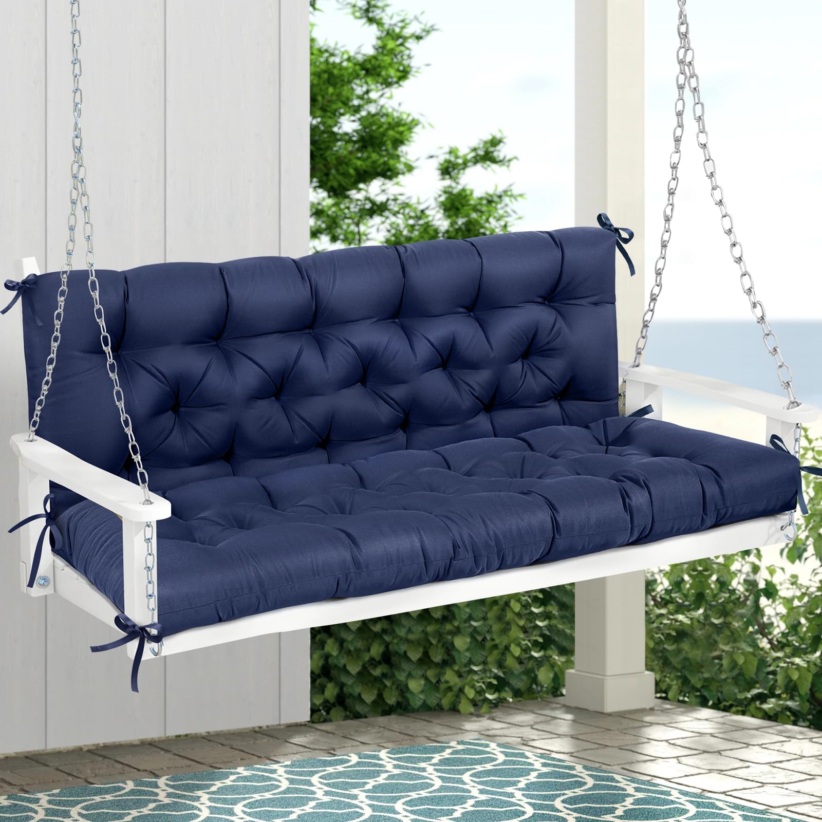 Magic Elephant porch swing cushion front view with blue fabric for outdoor comfort.