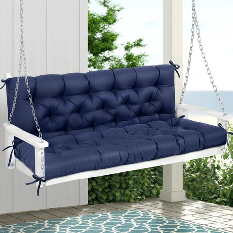 Magic Elephant porch swing cushion front view with blue fabric for outdoor comfort.
