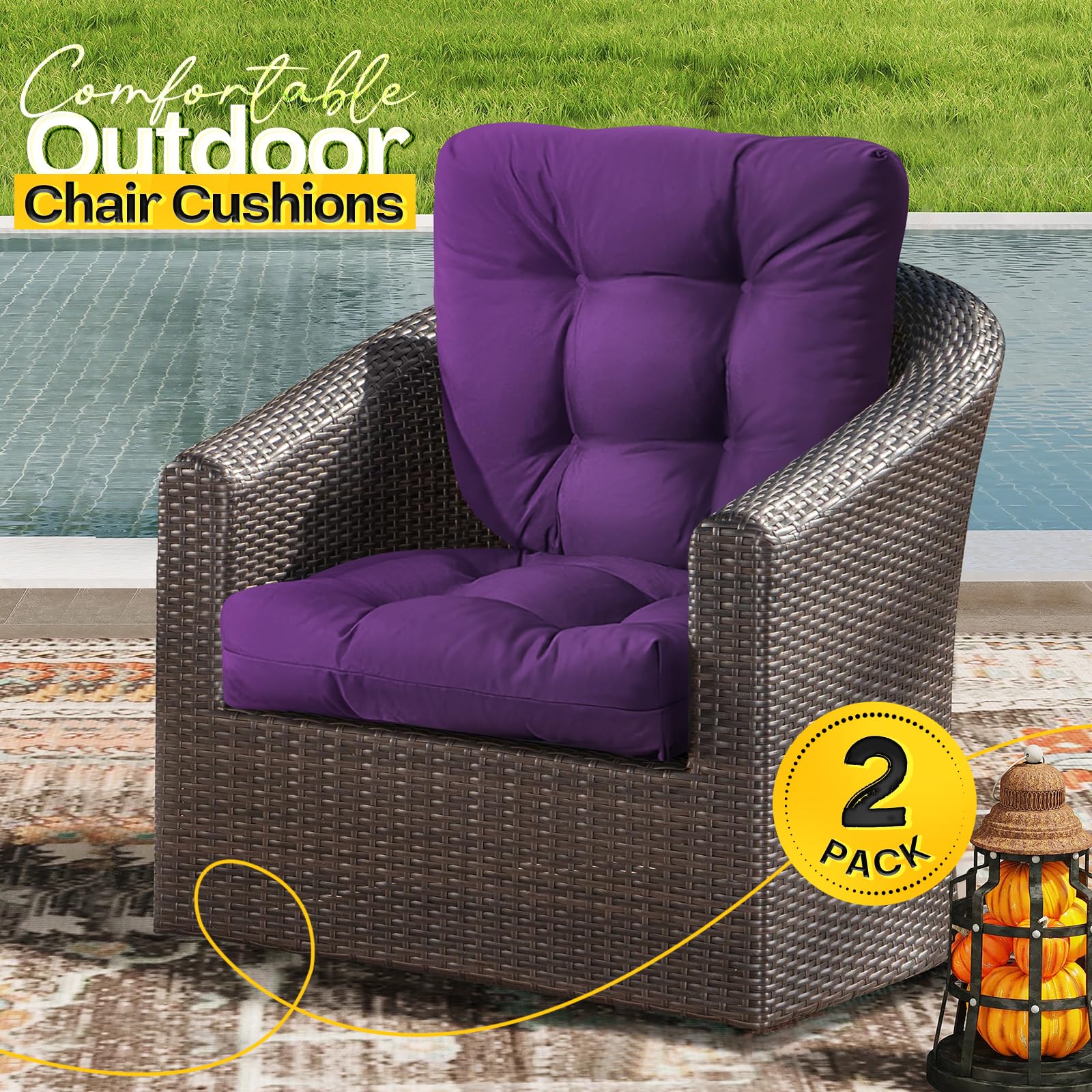 Magic Elephant purple outdoor cushions brighten a deck with cozy support.