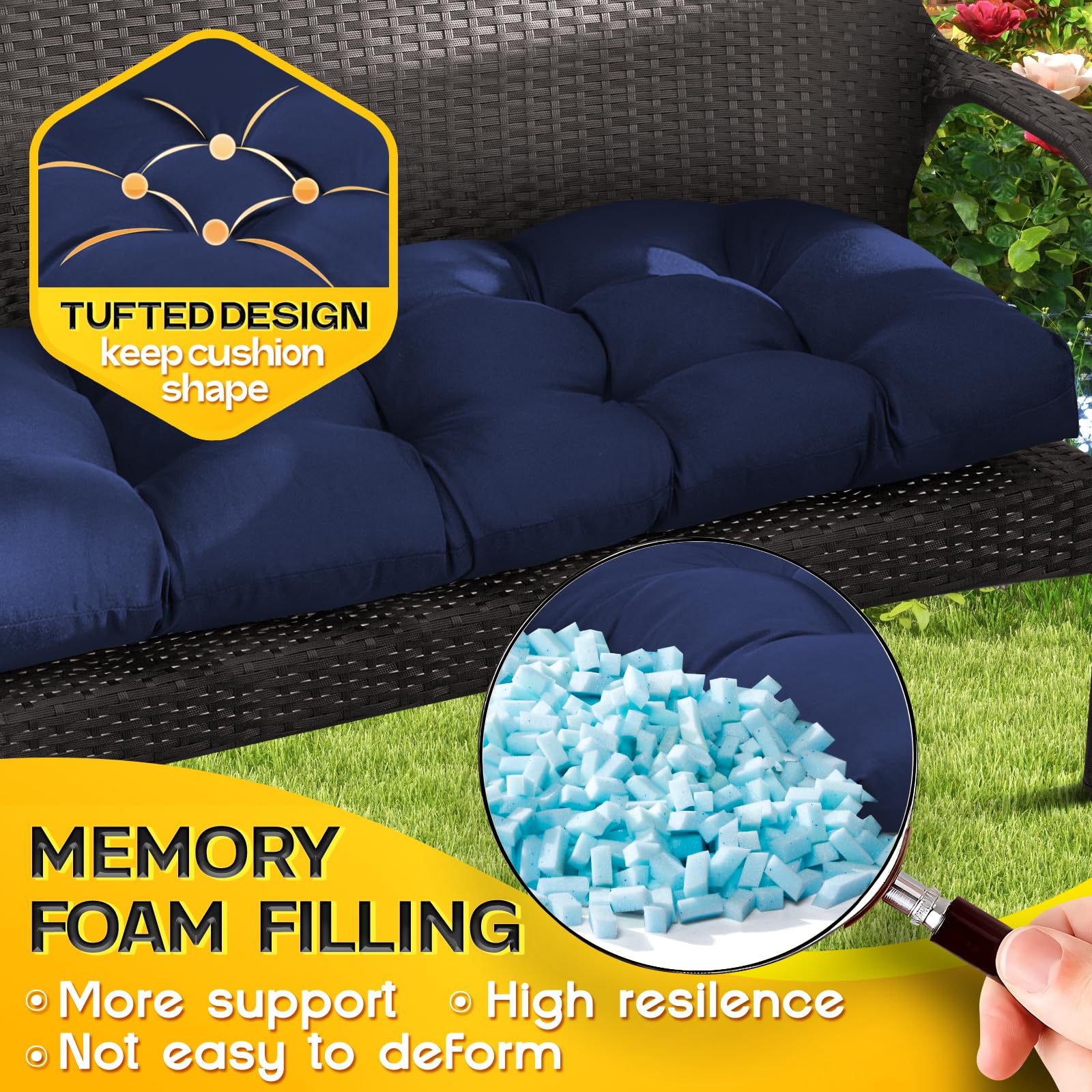 Magic Elephant water-repellent fabric shields cushions from light rain while remaining soft.