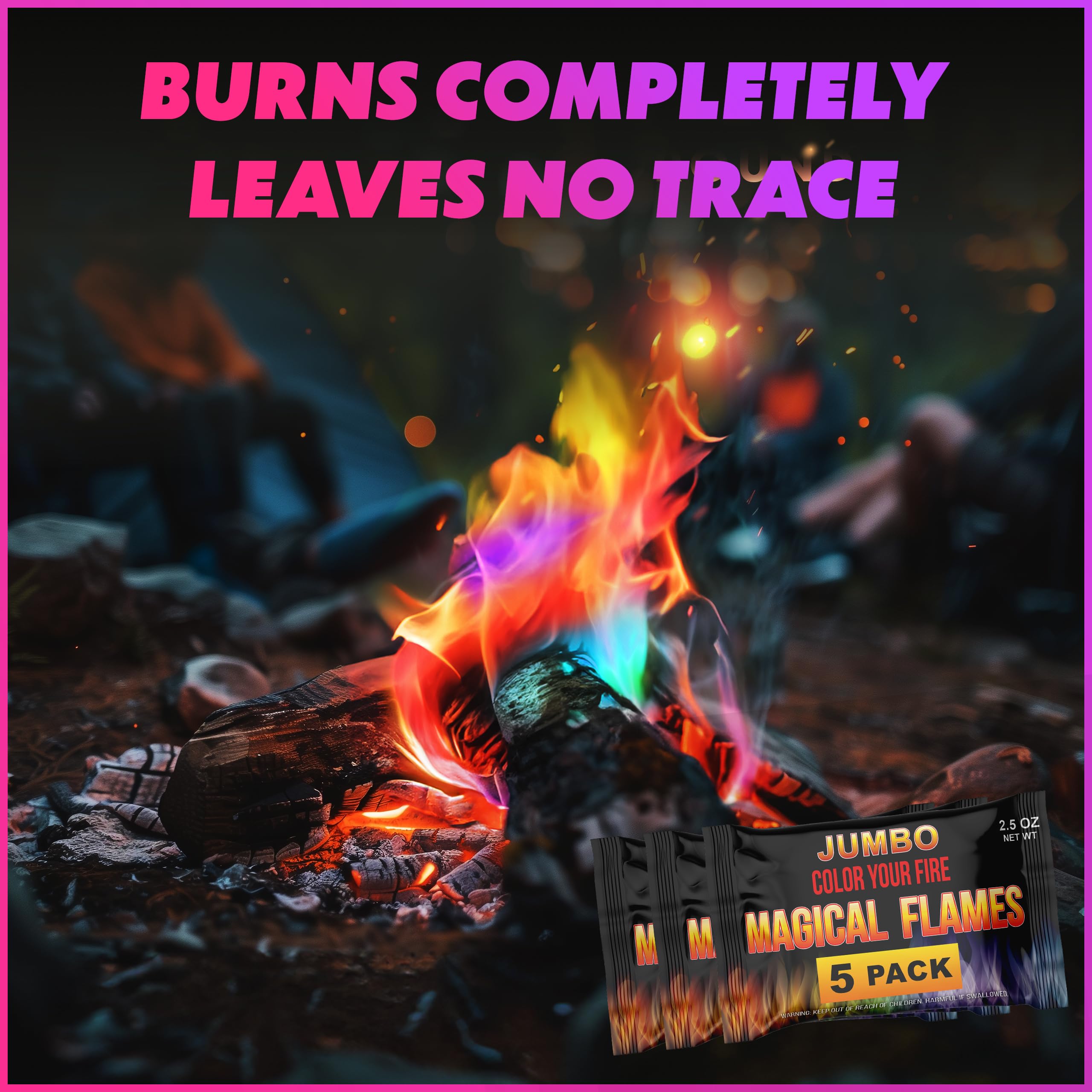 Magical Flames campfire color display packets deliver quick, safe color.