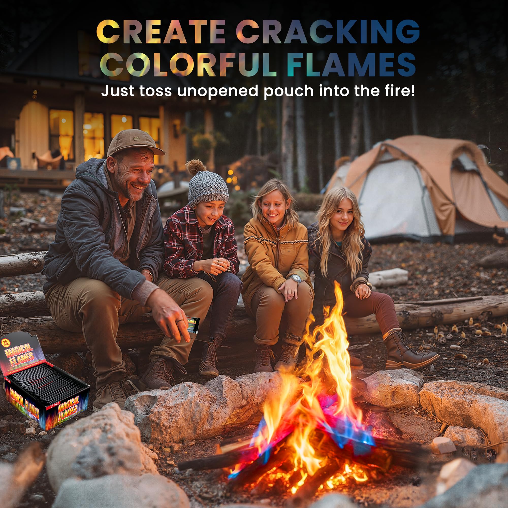 Magical Flames color-changing packets create a dynamic campfire display at night.