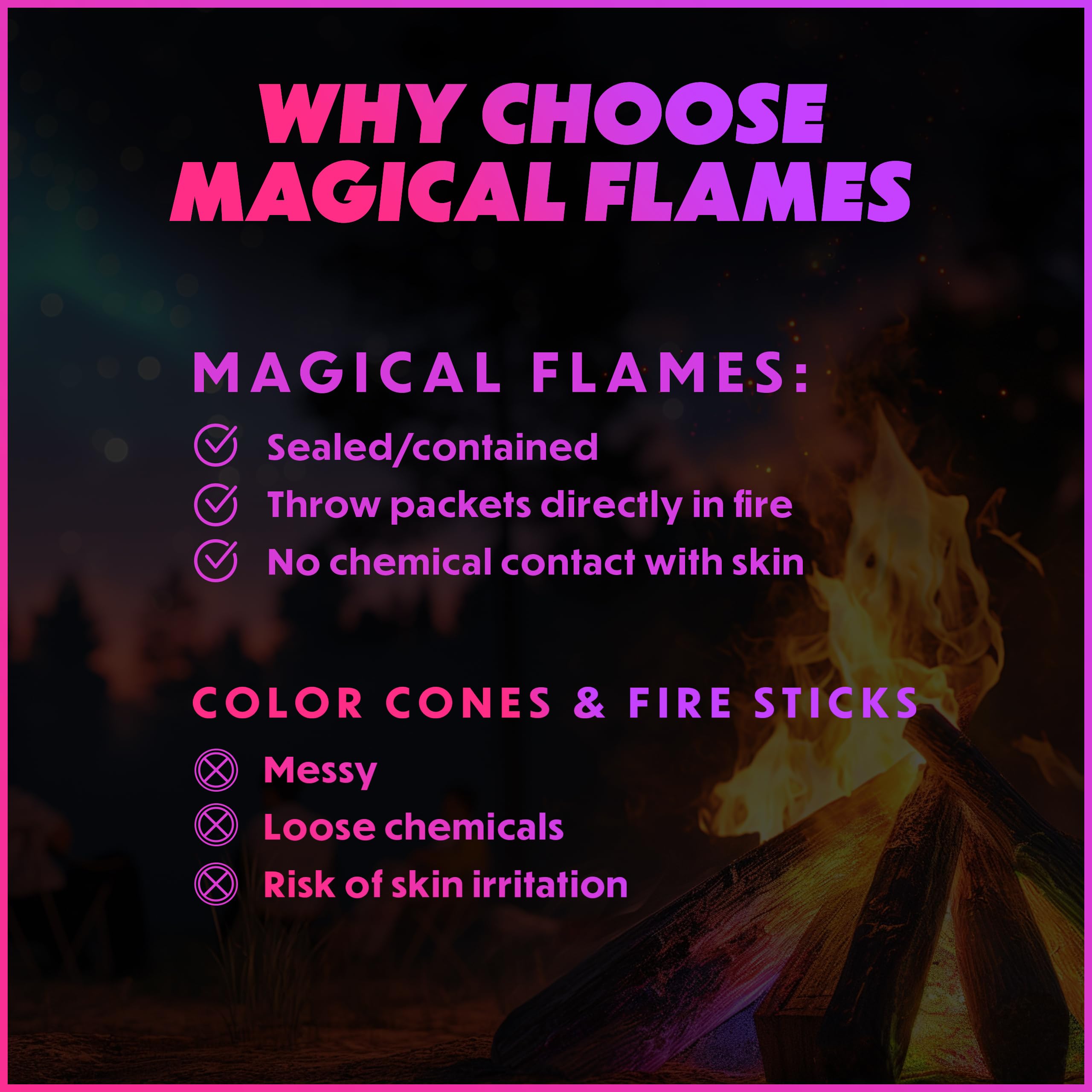 Magical Flames fire color packets extend color display for backyard gatherings.