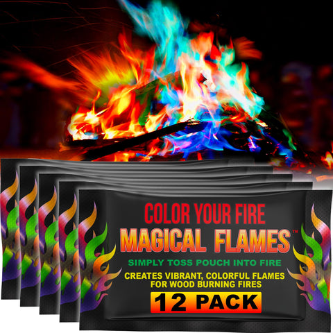 Magical Flames color packets create dancing flames in a backyard fire pit for a cozy evening.