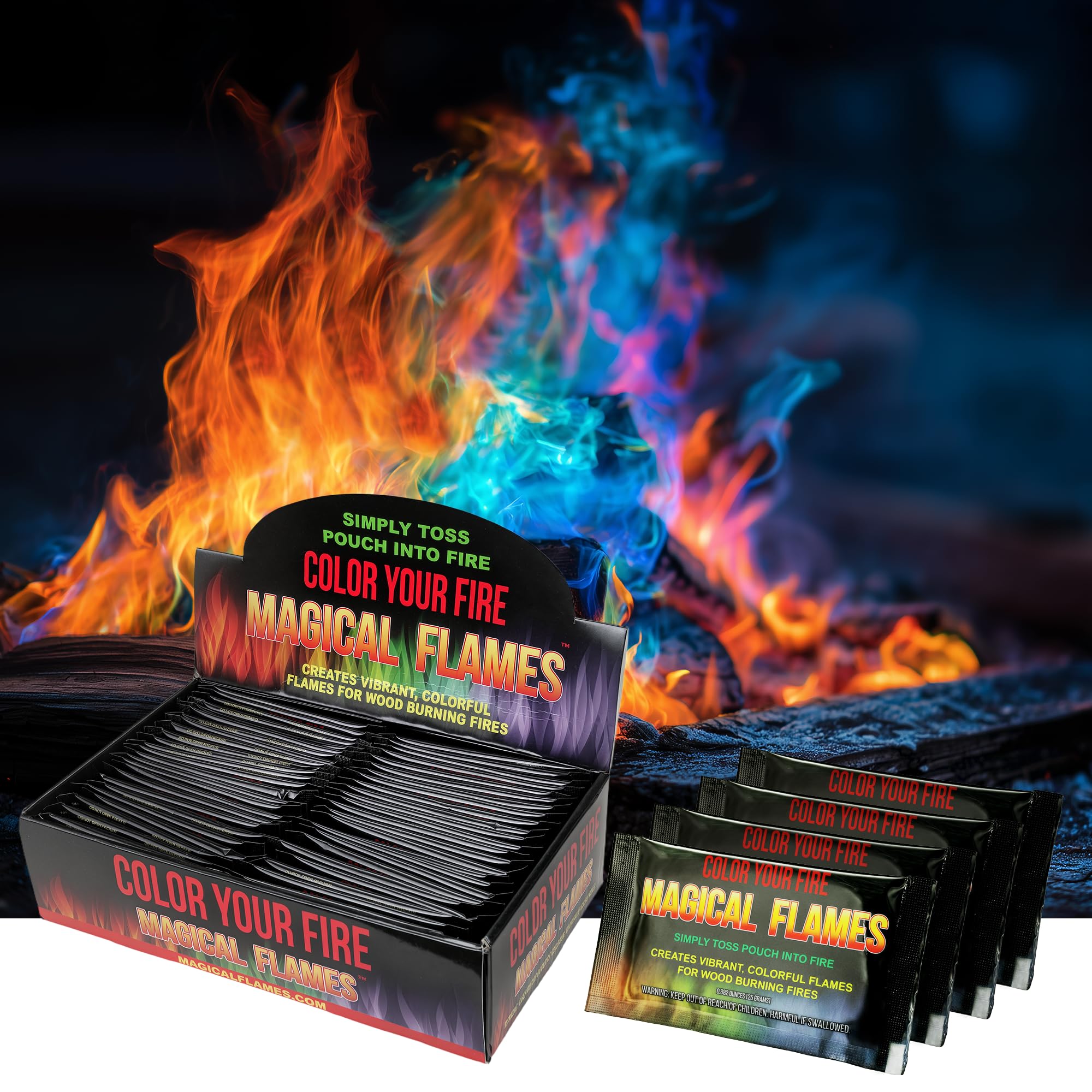 Magical Flames fire color packets transform your fire pit with vibrant multi-color flames.