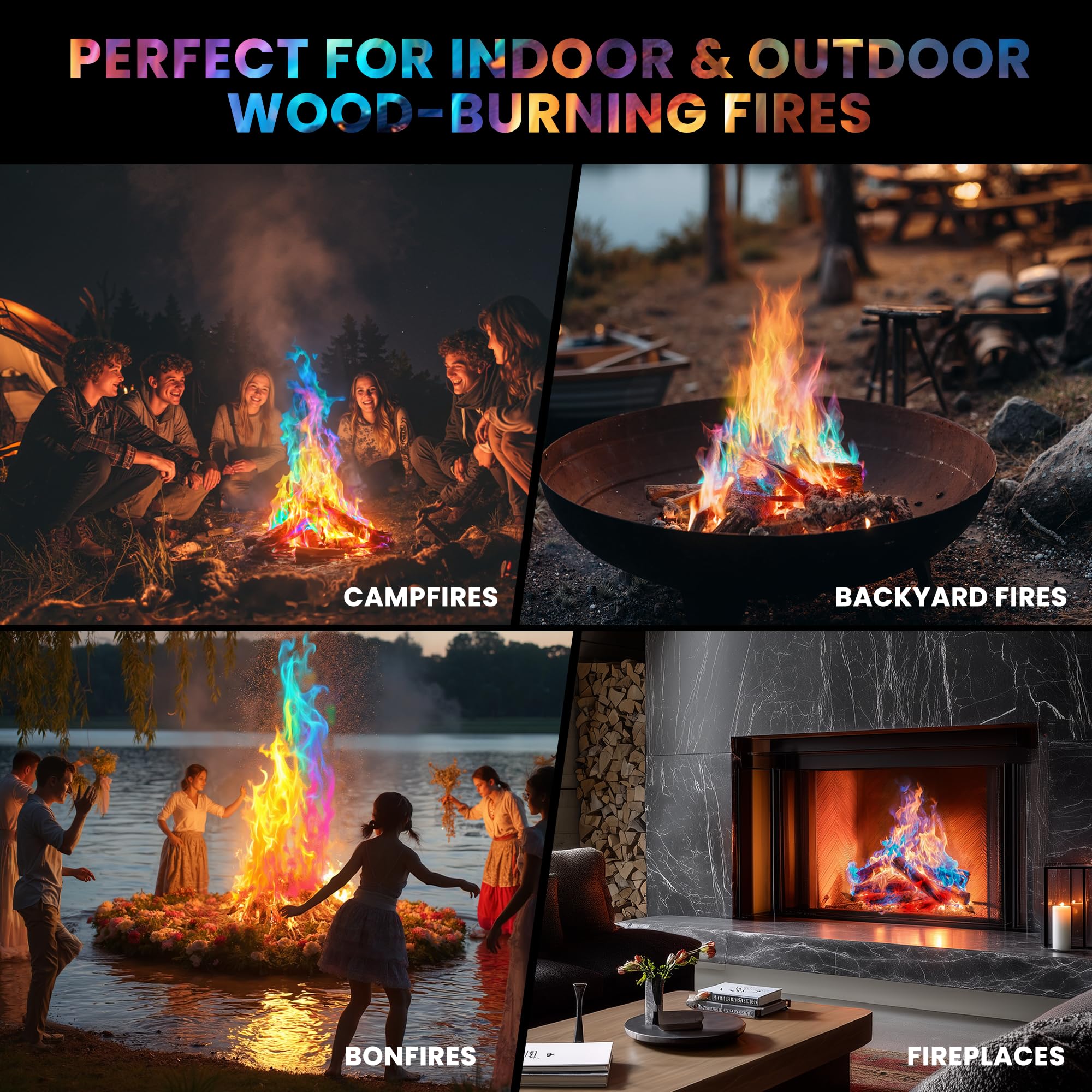 Magical Flames color packets brighten indoor fireplace ambience with colored flames.