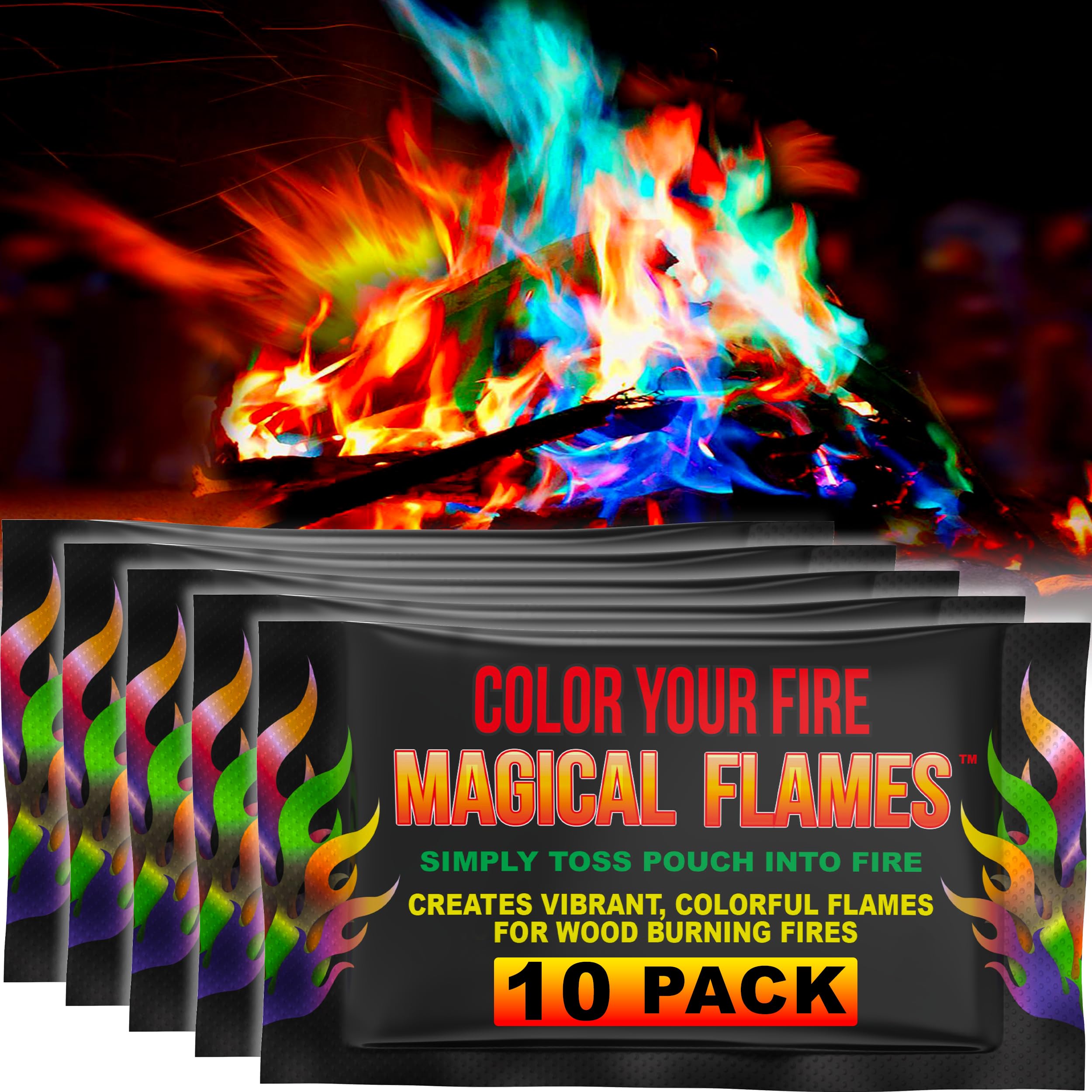 Magical Flames color packets illuminate campfires with vibrant, long-lasting hues.