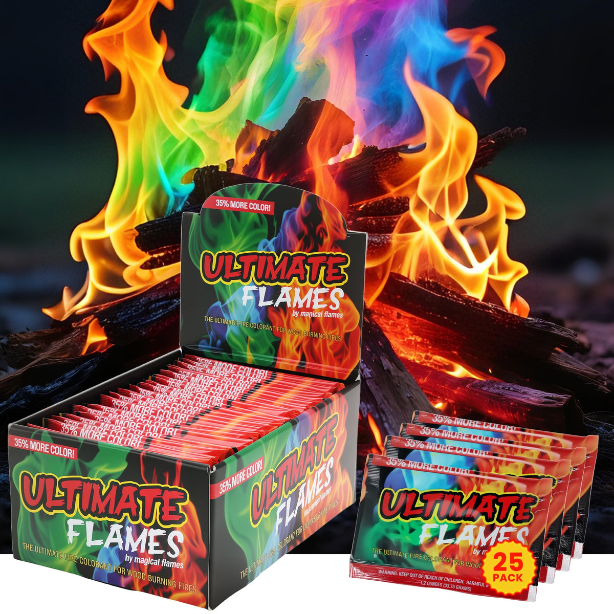 Magical Flames packets glow in a wood fire, creating vibrant flames