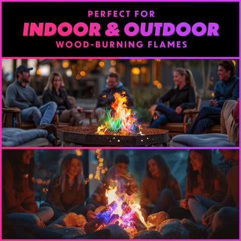 Magical Flames fire color packets ignite rapid color change during outdoor nights.