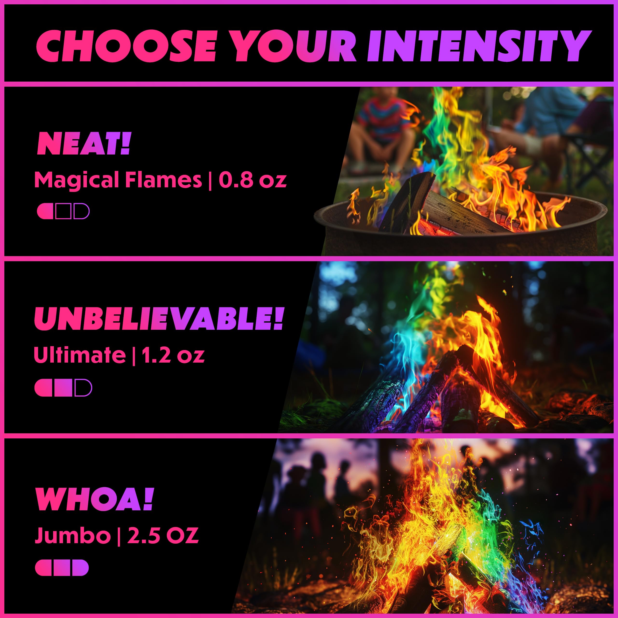 Magical Flames fire colors packets enhance camping nights with dramatic hues.