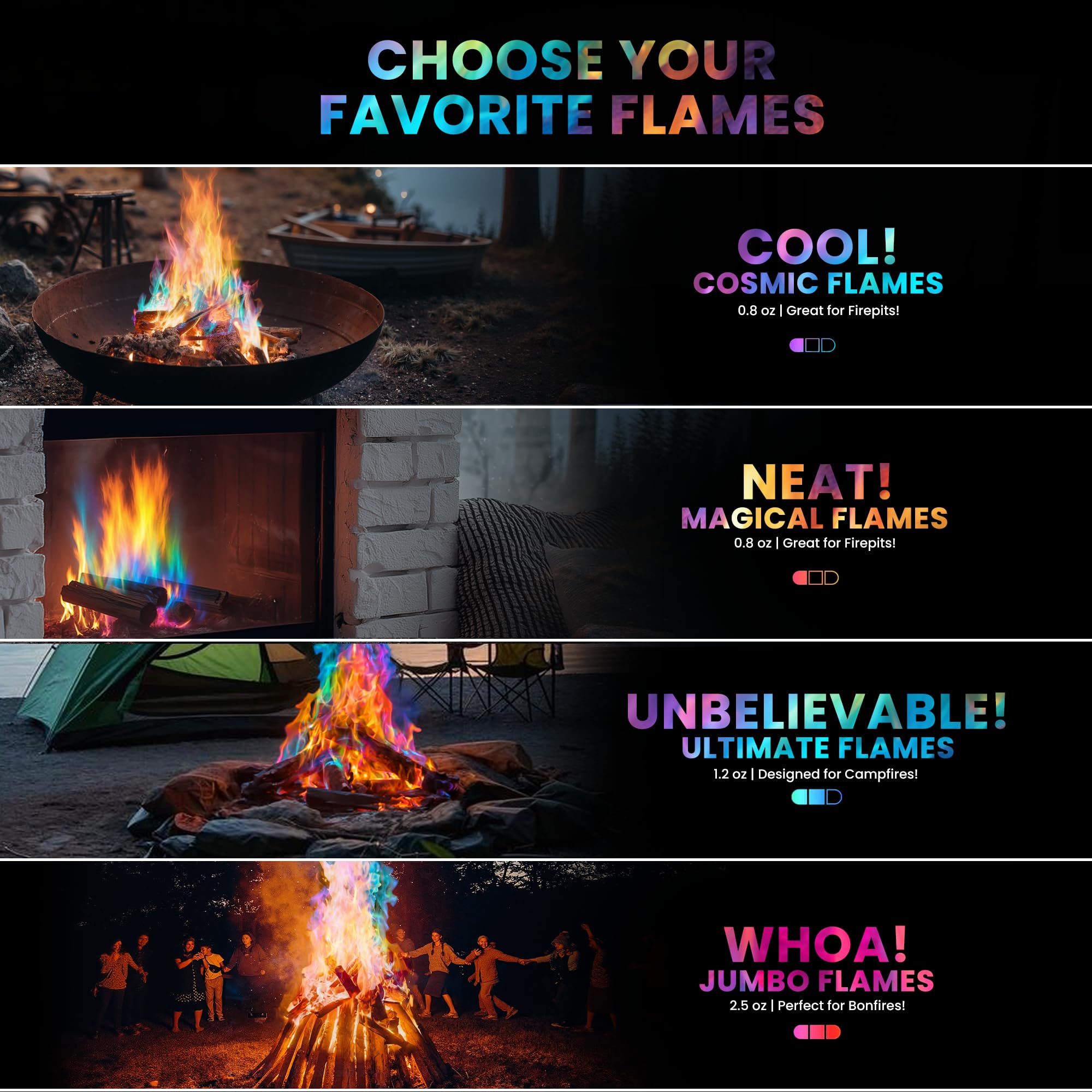Magical Flames sixty-minute color duration extends your campfire vibe.
