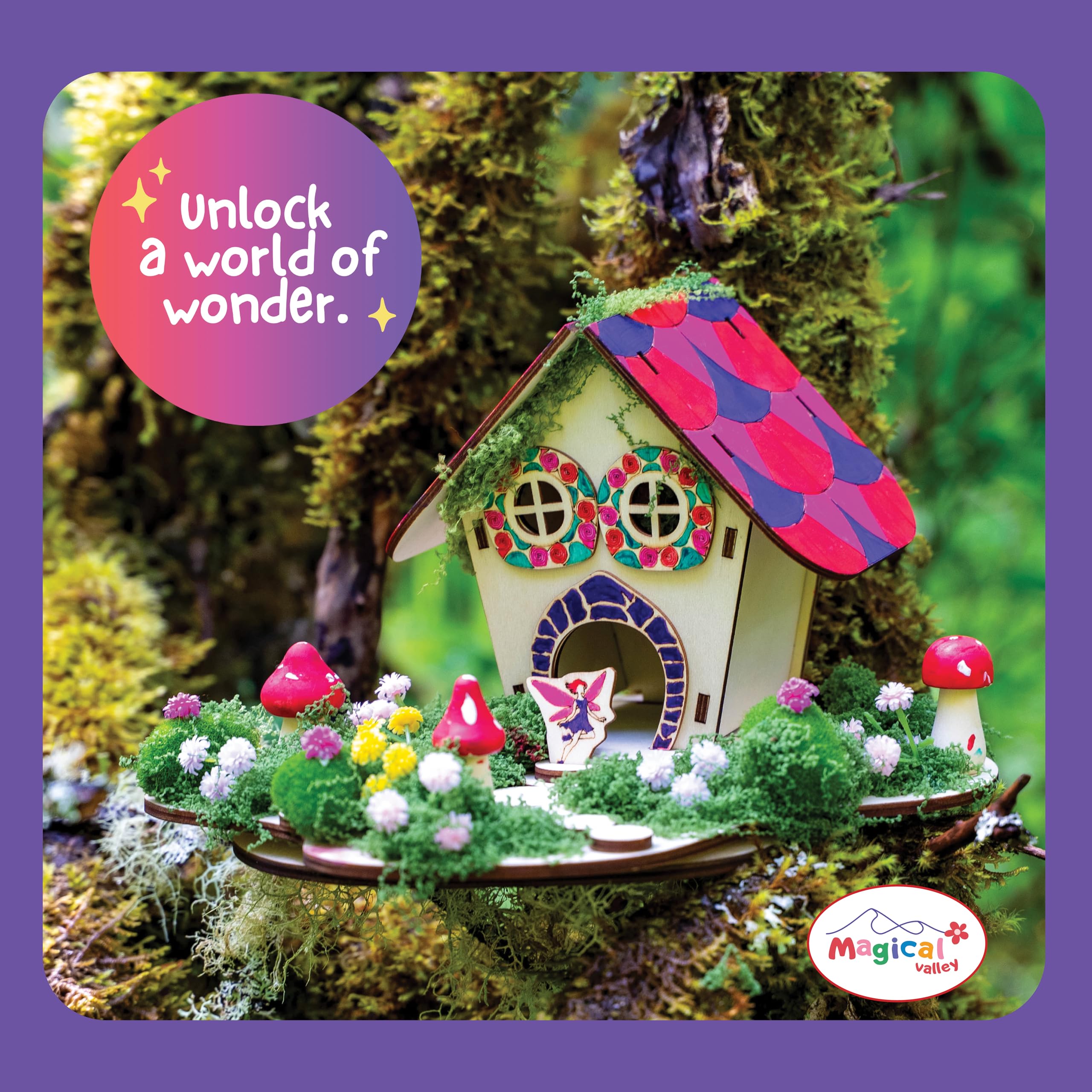 Magical Valley wooden fairy house with six vibrant paints for creativity.