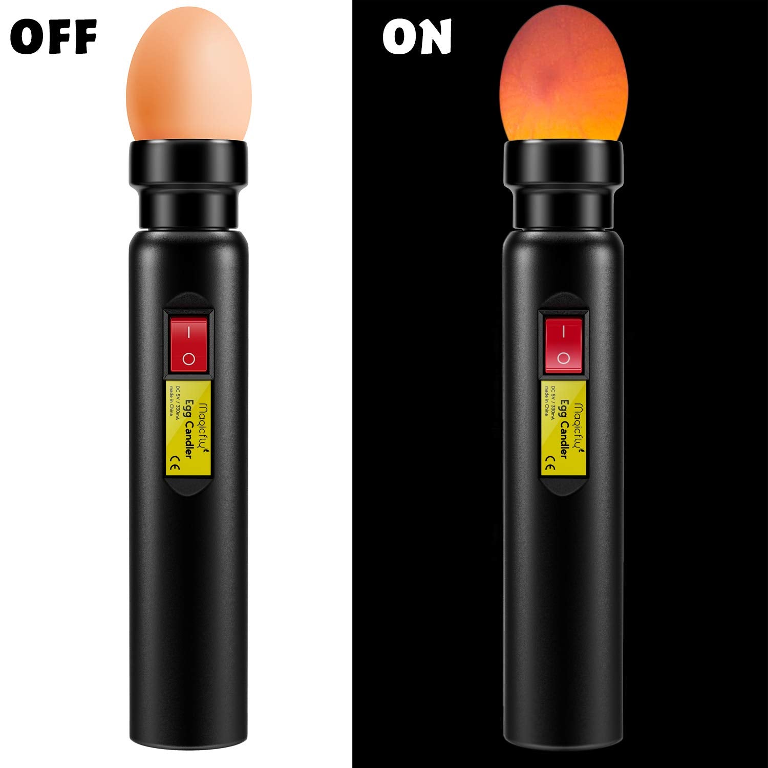 Magicfly egg candler in use showing portable cordless design