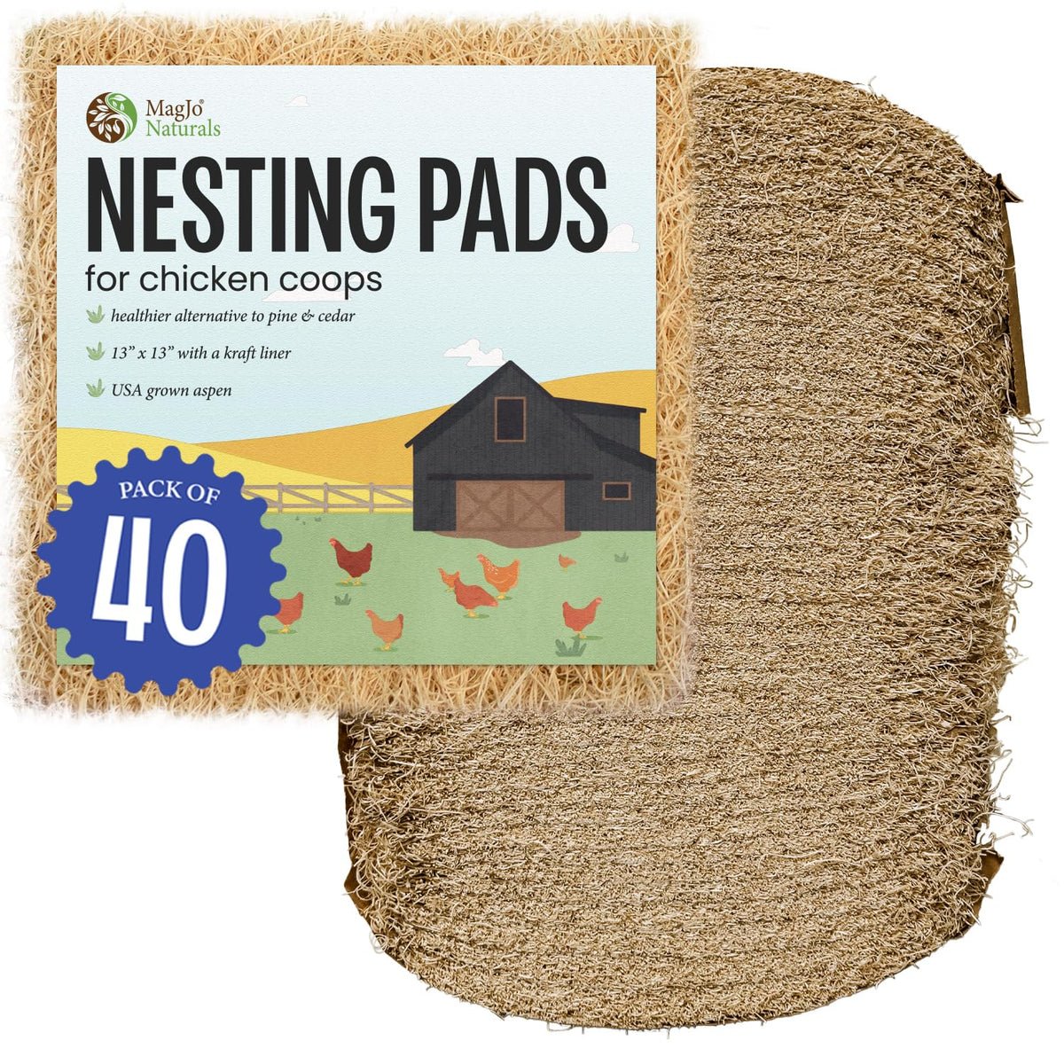 MagJo Aspen Nesting Pads 13x13 40-pack in coop nest with natural aspen fibers