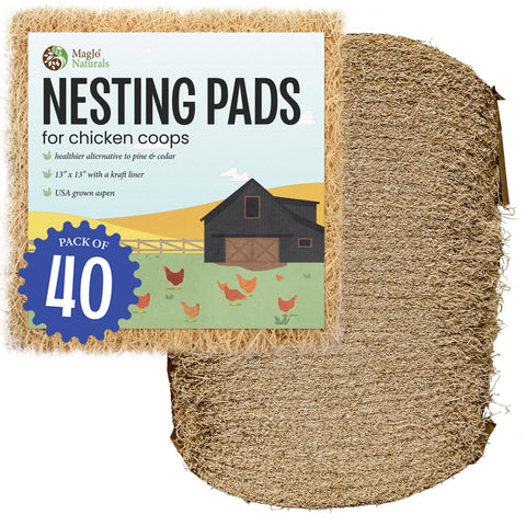 MagJo Aspen Nesting Pads 13x13 40-pack in coop nest with natural aspen fibers