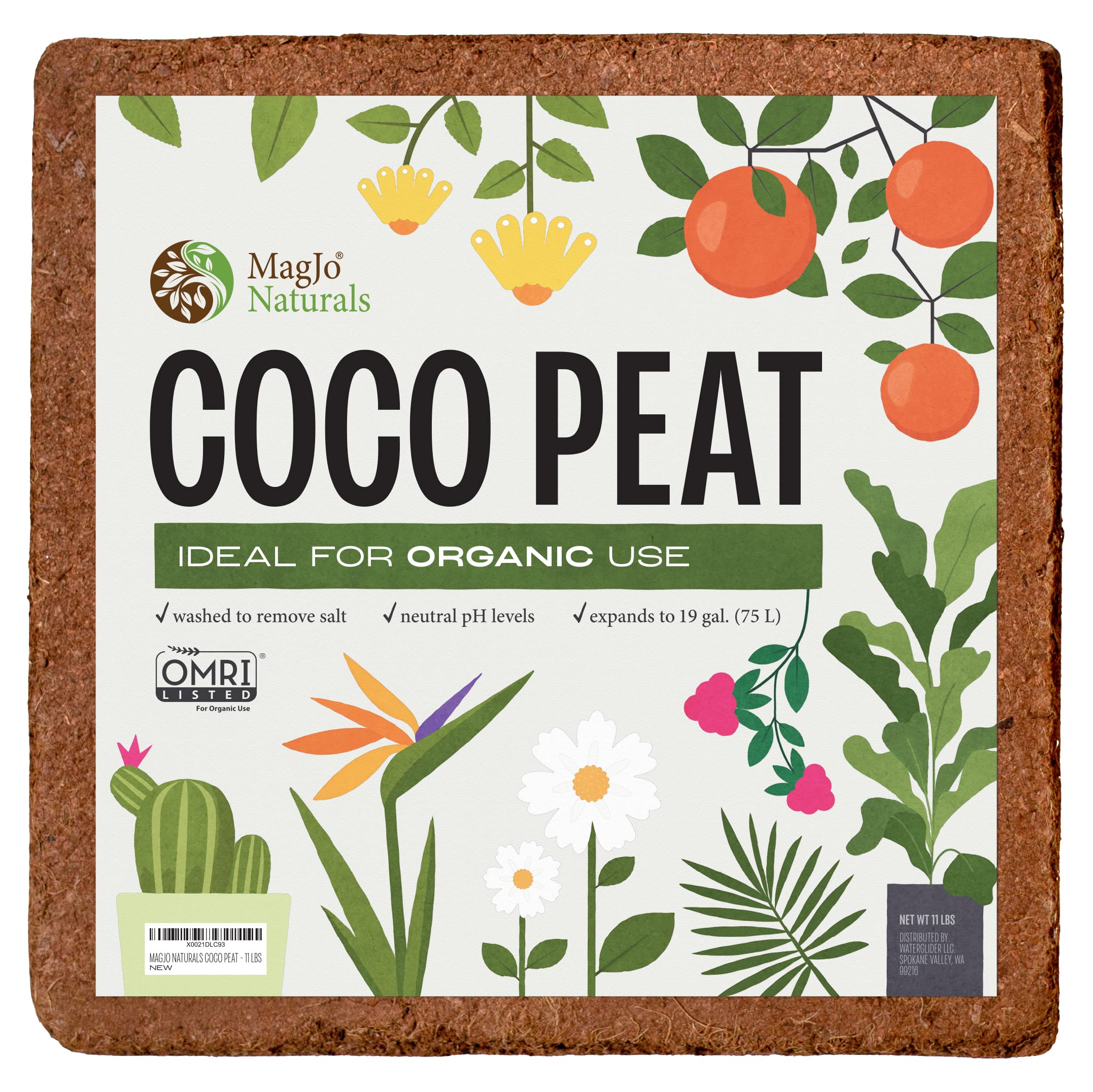 MagJo Naturals coco-peat block expands to support seedlings with airy roots.