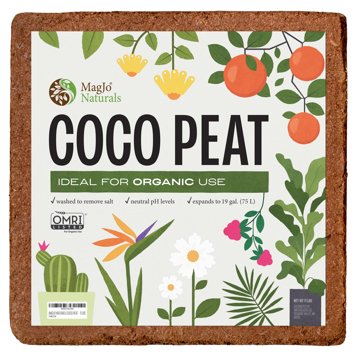 MagJo Naturals coco-peat block expands to support seedlings with airy roots.