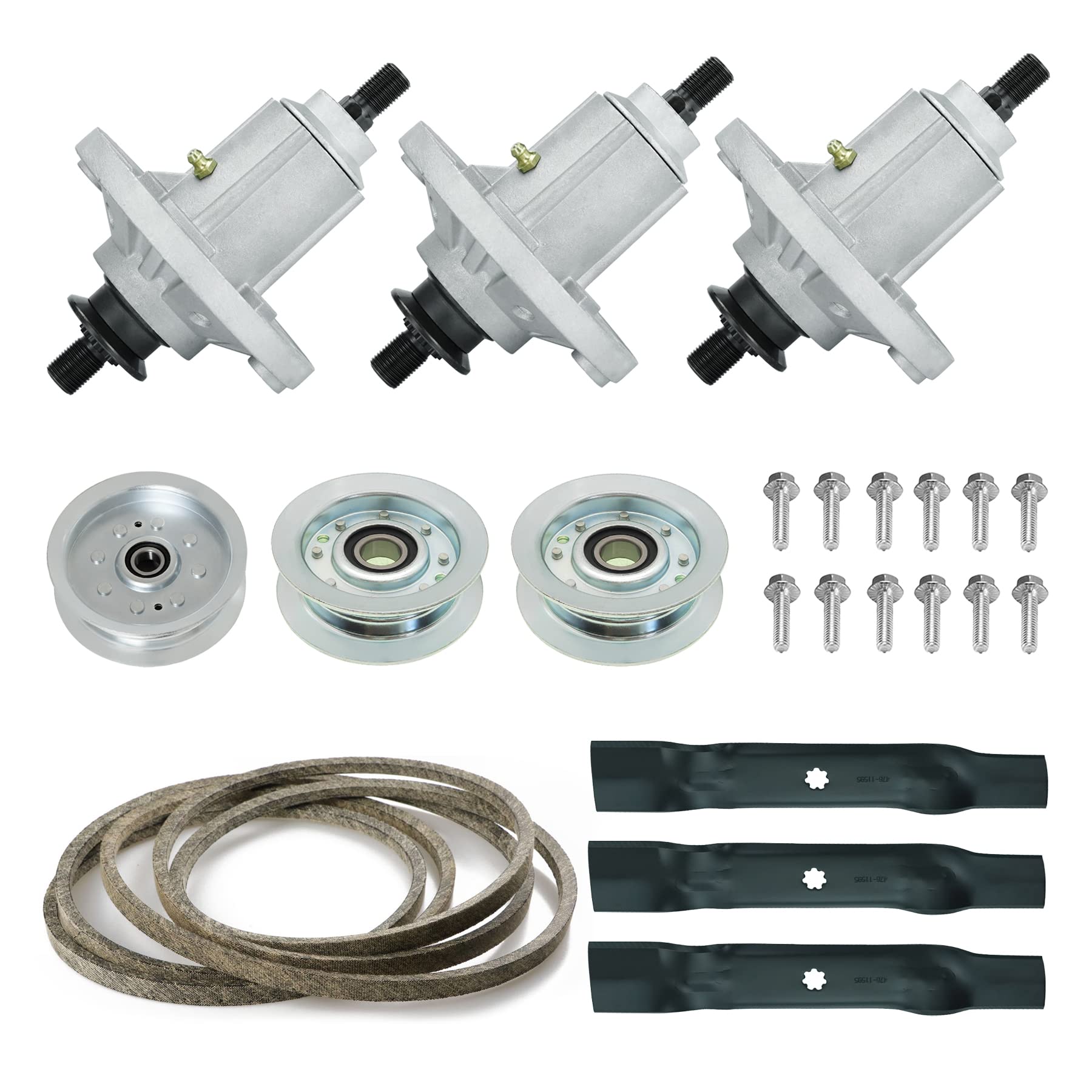 Magorfas 48-inch deck spindle rebuild kit with durable spindles for John Deere compatibility.