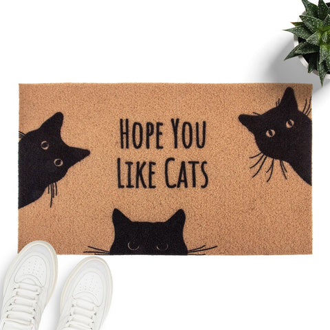Mahrokh Hope You Like Cats doormat front view welcomes guests with a playful cat pattern
